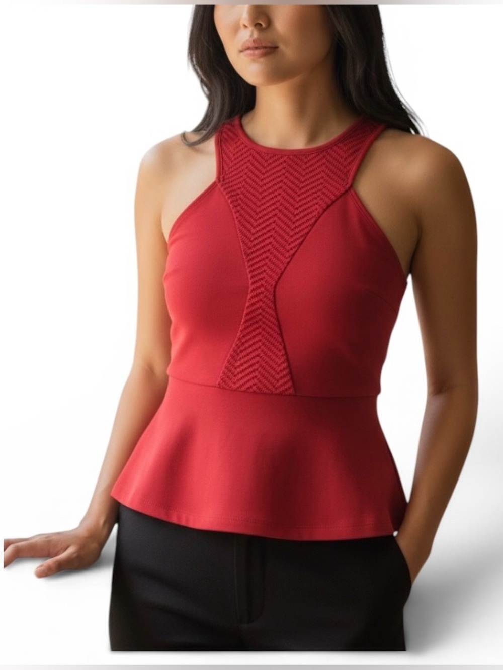 Worthington Red Halter Peplum Top with Chevron Mesh Inlay Size M